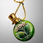 Pretty and Feminine Enameled Chatelaine Green Glass Perfume Bottle