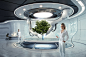 Futurelab - two persons scanning a 3d model of a tree standing in a futuristic laboratory : Futurelab - two persons scanning a 3d model of a tree standing on a platform in a futuristic laboratory with modern screens and robot arms.