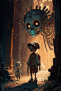 This may contain: a cartoon character standing in front of a giant skull with glowing eyes and a skeleton head above his head