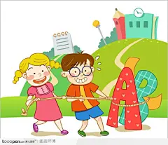 儿童玩耍插画－用绳子拴着英文字母的男孩和女孩