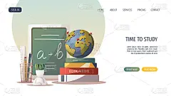 书、地球仪、黑板和其他用品。学习，教育，学习，回到学校，学生，文具观念。