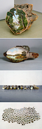 Landscapes Painted on the Surfaces of Cut Logs by Alison Moritsugu: 