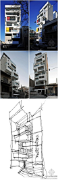 筑龙网建筑师圈：城市方格公寓，klab architecture建筑事务所设计。这个建筑群随着空间移动的过程形成马赛克般的效果，并且成为白色堆砌方格双立面的开端。混凝土块悬挑旋转，以引入日光和通风。http://t.cn/zONQ9Yk