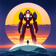 红色机甲面朝夕阳大海，肩膀上站着一个男人
