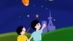 夏日夜空放孔明灯嬉戏玩耍手绘插画