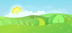 农田景观与美丽的夏日阳光和天空。有灌木丛和草的卡通草地。室外场景。矢量插图。