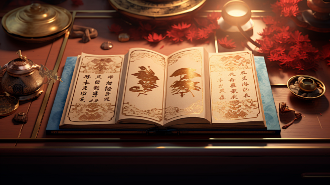 一本打开的书，中国艺术坐在东方托盘上，色...