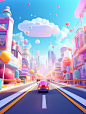 a short video showing an animated city with cartoon characters riding the street, in the style of soft edges and blurred details, kawaii art, blown-off-roof perspective, rtx, bright colors, bold shapes, photorealistic rendering, light magenta and sky-blue