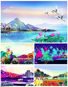 5款中式房地产装饰山水风景油画展板海报PSD素材 - 设计素材 - 比图素材网