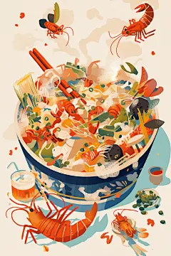 美食街小龙虾小吃卡通插画
