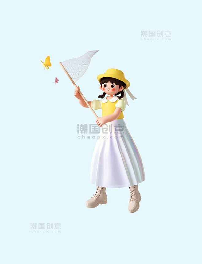 春天3D立体C4D春游可爱女孩人物抓蝴蝶