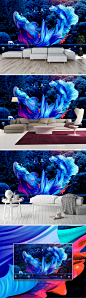 新中式现代3d立体抽象蓝孔雀鱼背景墙