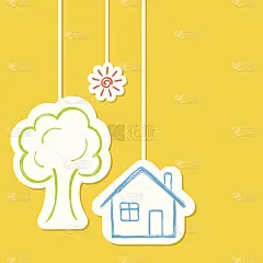 手绘图像的房子，树和太阳悬挂