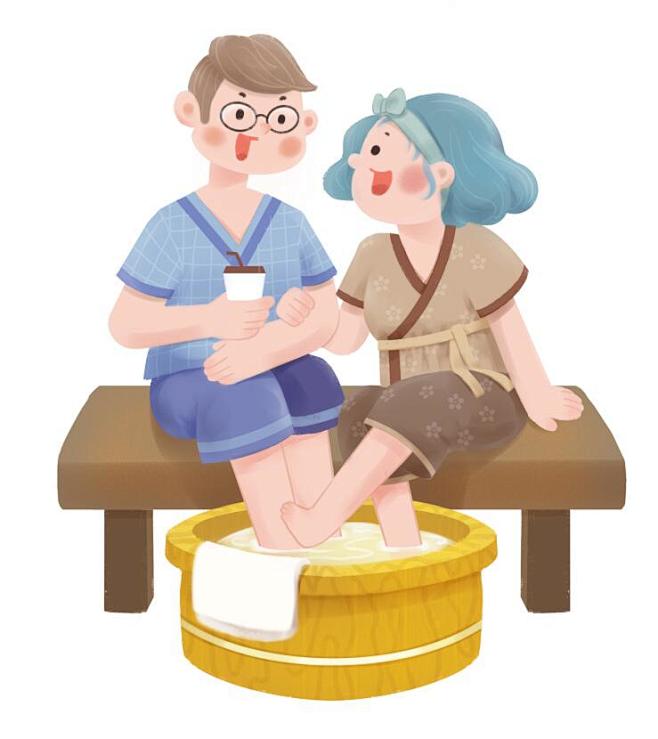 泡脚情侣插画