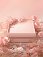 The photograph of a pink box and flowers, in the style of expansive, pale palette, storybook-esque, photobashing, flat surfaces, lush and detailed, sleek