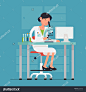 Concept flat design on medical laboratory expert female character working on analysis research | Scientist testing samples with microscope