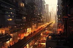 大气磅礴赛博朋克现代城市建筑插画