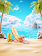 Beach, beach, surfboard, deck chair, coconut tree, camera, suitcase, swimming ring, ocean, mountain, blue sky and white clouds, summer theme, 3D modeling, CG rendering, 8K, masterpiece,