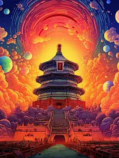 庆祝国庆天坛插画淡红色和蓝色天空卡通山景
