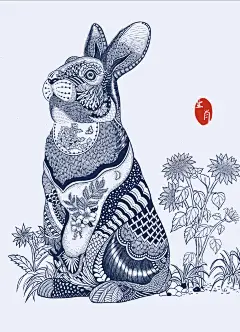 十二生肖 卯兔 线描 装饰画 动物线描