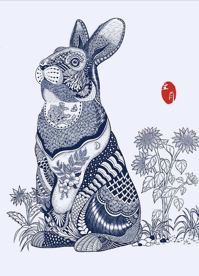 十二生肖 卯兔 线描 装饰画 动物线描