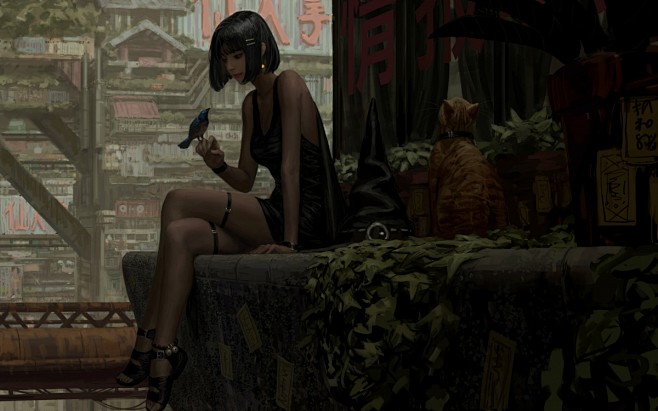 动漫女孩 高挑美女 坐着 郎腿 小鸟 猫...