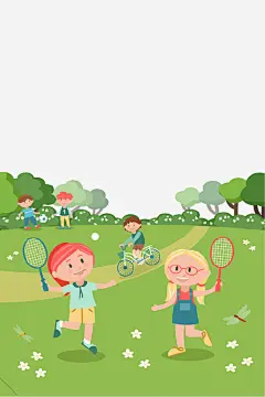 绿色卡通春游踏青海报插画高清素材 儿童 卡通 插画 旅行 春游 绿色 草地 运动 平面广告 设计图片 免费下载