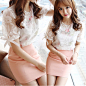 韩国代购2014新款夏装欧根纱印花两件套连衣裙修身包臀短裙套装女
