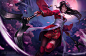 Anime 1800x1165 League of Legends Akali(League of Legends) Blood Moon (league of legends) kimono CHIBI-ONEECHAN Girl With Weapon dark hair long hair Sakura blossom red clothing red eyes