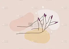 美甲艺术工作室的美甲标志模板。现代设计的美容水疗中心。线性插图孤立在粉红色水彩背景