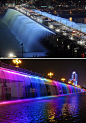 半坡大桥喷泉，首尔，韩国
喷泉通过桥两侧380个喷嘴，以每分钟190吨水组成的水柱射向河流当中。夜幕降临，喷泉经过290多盏激光灯束的照耀，转变成彩虹的七彩颜色，蔚为壮观。08年，半坡大桥喷泉以世界最长跨海大桥喷泉的身份载入吉尼斯纪录。