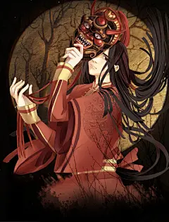 手持面具的巫师男子-六神_面具，红彤彤的衣服，长发男子_涂鸦王国插画