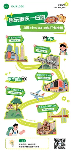 重庆山城旅游出行打卡路线卡通风全屏海报AIGC