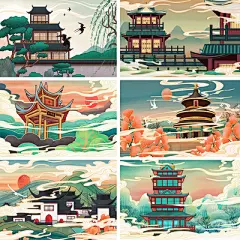中国风古风建筑著名风景点名胜地区城市印象插画psd绘画素材311-淘宝网