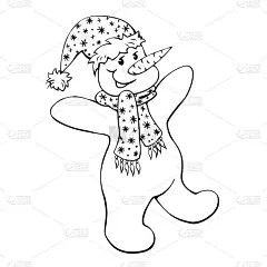 矢量图形手绘雪人在圣诞老人的帽子和围巾。冬天，雪花，圣诞节和新年的主题。简单的轮廓，涂鸦，字符