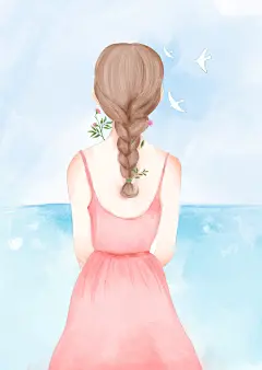 手绘水彩清新少女背影