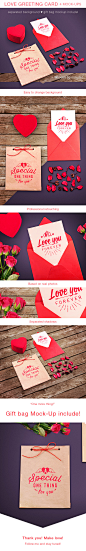 Love Greeting Card Mock-up : If you want to present your postcards with or wihtout gift bag in a beautiful and lovely form, this mock-up will be very helpful to you.Make love!FeaturesSeparated background.4 beautiful professional mock-ups.High resolution 3