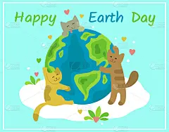快乐地球日平向量横幅。Сute猫在云上拥抱地球。猫热爱地球。快乐地球日横向设计贺卡，海报。卡通风格。