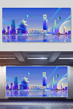 时尚高端国潮风名胜景点插画海报