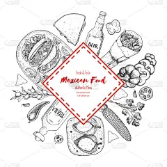 墨西哥食物载体标签。一套经典的墨西哥菜肴。食品菜单设计模板。老式手绘草图矢量插图。墨西哥烹饪雕刻的形