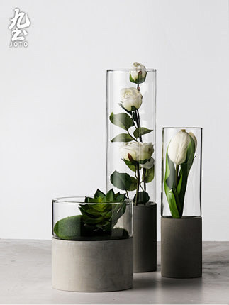 九土水泥花器玻璃花瓶直筒透明北欧客厅摆件...