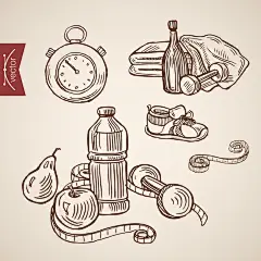 (源站可下源文件)雕刻复古手绘保健与运动和生态食品收藏。/Engraving vintage hand drawn  Health care with sport and eco food collection.