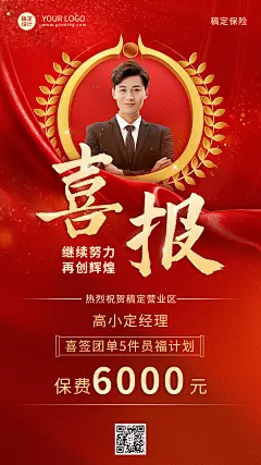 金融保险销售表彰业绩喜报贺报红金喜庆风人物海报