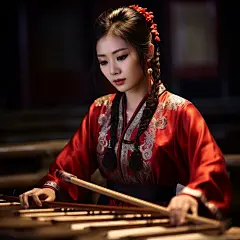 (3/4)东方女孩手持乐器，以电影般的灯光风格，传统肖像画，阮家，红色，32k UHD，高质量照片，柔焦技术(AI绘图来自WeDraw.art)