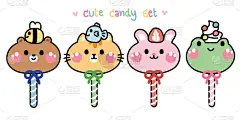 一组可爱的动物糖果卡通片。甜甜的甜点集合。熊，猫，兔子，青蛙手绘。孤立。 Kawaii.Vector