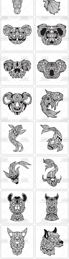 镂空剪纸黑白曼陀罗动物图案线描插画牛骆驼猫象兔鱼熊鸟鹿狗素材-淘宝网