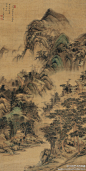 #四王#【 清 王时敏 《南山图》】立轴，绢本设色，152×78cm。整个画面峰峦数叠，树高浓郁，远山飞瀑垂帘，近景溪水潺潺，密林中茅屋数座，显示出画家隐居的情思。画法上勾线空灵，苔点细密，皴笔干湿浓淡相间，皴擦点染兼用，更多苍劲浑厚之趣。用墨浓淡兼施，着色上青绿赭石间涉，画面苍老而又清润。 ​​​​