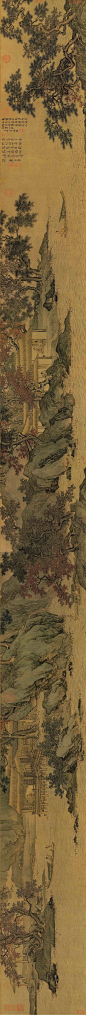 唐寅——《溪山渔隐图》绢本全卷 人物山水高清竖版欣赏  |  
明|唐寅(1470—1523)，字伯虎、子畏，以字行，号六如居士、桃花庵主、鲁国唐生、逃禅仙吏等，吴县(今江苏苏州)人。早学沈周、周臣，宗法李唐、刘松年，融会南北画派，笔墨细秀，布局疏朗，风格秀逸清俊。与沈周、文徵明、仇英并称“吴门四家”，又称“明四家”。书取法赵孟頫。诗文与祝允明、文徵明、徐祯卿并称“吴中四才子”。