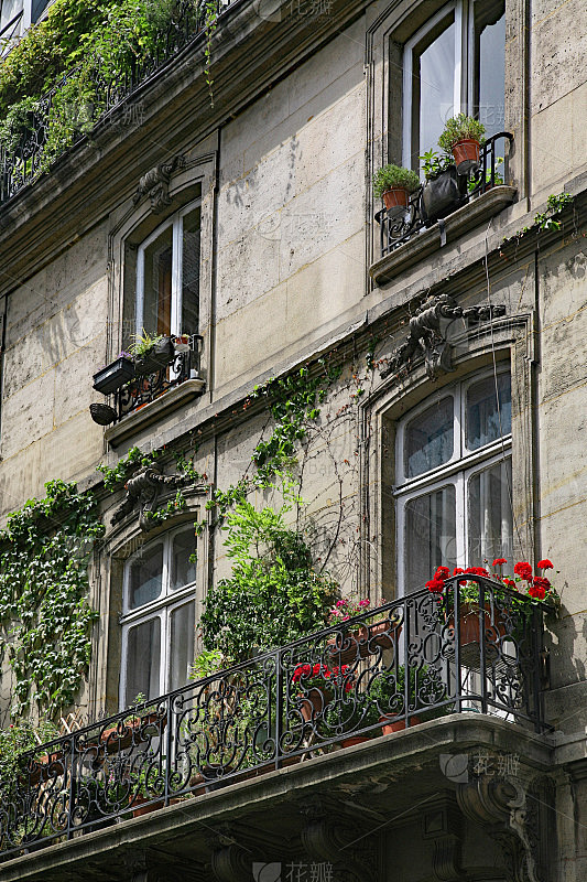 巴黎，典型的老式公寓建筑，有锻铁阳台栏杆...