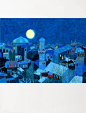 Moonlight night in Baku, Moonlight Landscape print, Night art print, Moonlit night print, Blue painting, Blue home decor, Moonlit artwork : This is a reproduction of my original illustration Moonlit in Baku.  This artwork depicts Baku - the capital of Aze